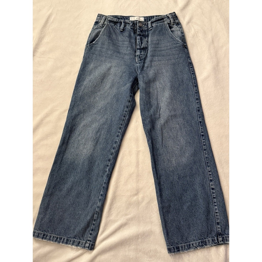 KanCan Button Fly Women's Blue Denim Jeans Medium Wash Patch Pocket Solid Cotton